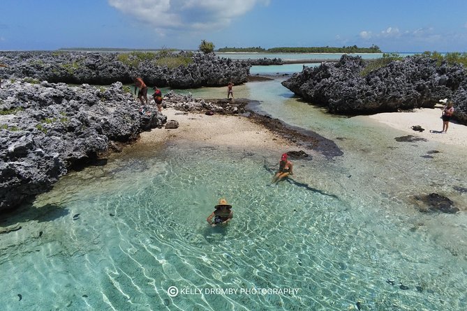 Reef island private tour - Arriving on the motu: lunar-looking rock pools and easy swimming