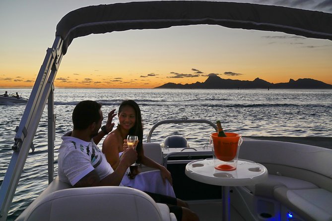 Toa Boat Bora Bora Private Sunset On Majestic Pontoon Boat - Inside the floating lounge, bow and stern views that actually work
